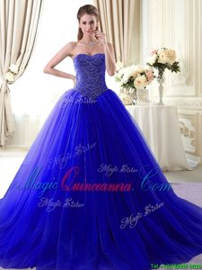 Vintage With Train Lace Up Quinceanera Dress Royal Blue and In for Military Ball and Sweet 16 and Quinceanera with Beading Brush Train