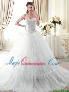 Sleeveless Tulle With Brush Train Lace Up 15th Birthday Dress in White for with Beading