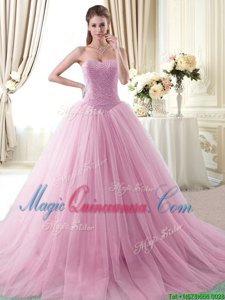 Rose Pink Ball Gowns Tulle Sweetheart Sleeveless Beading With Train Lace Up Vestidos de Quinceanera Brush Train