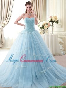 Modest Light Blue Tulle Lace Up Sweetheart Sleeveless Floor Length Quince Ball Gowns Beading