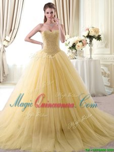 Amazing Gold Ball Gowns Tulle Sweetheart Sleeveless Beading Floor Length Lace Up Quinceanera Gown