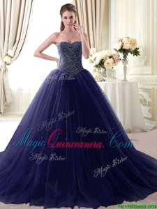 Hot Selling Navy Blue Sleeveless Floor Length Beading Lace Up Sweet 16 Dresses