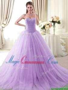 Nice Lavender Sweetheart Lace Up Beading Sweet 16 Dress Sleeveless