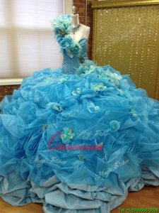 Noble One Shoulder Blue Taffeta and Tulle Lace Up Ball Gown Prom Dress Sleeveless Floor Length Pick Ups and Hand Made Flower
