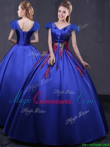 Fitting Royal Blue Lace Up Quinceanera Dress Appliques Cap Sleeves Floor Length