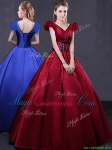 Wine Red Ball Gowns V-neck Cap Sleeves Satin Floor Length Lace Up Appliques Sweet 16 Dresses