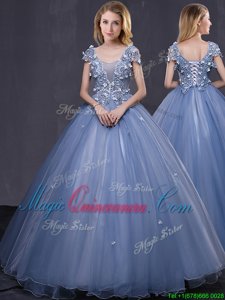 Adorable Scoop Lavender Ball Gowns Appliques Quinceanera Dress Lace Up Tulle Short Sleeves Floor Length