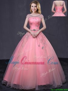 Trendy Scoop Watermelon Red Cap Sleeves Beading and Belt Floor Length Quinceanera Gown