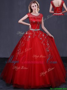 Scoop Tulle Cap Sleeves Floor Length Sweet 16 Quinceanera Dress and Beading and Belt