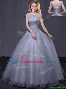High End Scoop Cap Sleeves Tulle Ball Gown Prom Dress Beading and Belt Lace Up