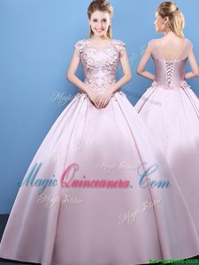Romantic Scoop Floor Length Ball Gowns Cap Sleeves Pink 15th Birthday Dress Lace Up