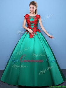 Scoop Cap Sleeves Floor Length Lace Up Ball Gown Prom Dress Green and In for Military Ball and Sweet 16 and Quinceanera with Appliques
