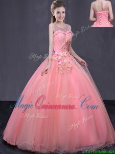 Scoop Floor Length Lace Up 15th Birthday Dress Watermelon Red and In for Military Ball and Sweet 16 and Quinceanera with Beading and Appliques