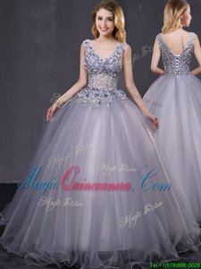 Grey Lace Up Sweet 16 Dresses Appliques Sleeveless Floor Length