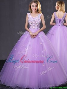 Lavender Sleeveless Tulle Lace Up Quinceanera Gown for Military Ball and Sweet 16 and Quinceanera