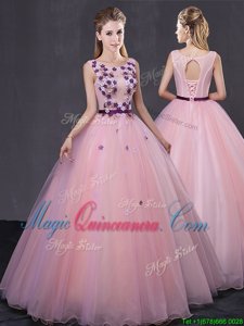 Pretty Scoop Floor Length Baby Pink Sweet 16 Dress Tulle Sleeveless Appliques
