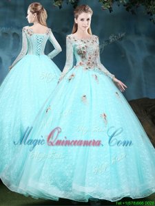 Apple Green Scoop Lace Up Appliques Quinceanera Dress Long Sleeves