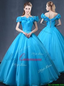 Great Off the Shoulder Tulle Cap Sleeves Floor Length Quinceanera Dress and Appliques