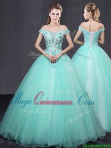 Off the Shoulder Apple Green Sleeveless Tulle Lace Up Ball Gown Prom Dress for Military Ball and Sweet 16 and Quinceanera
