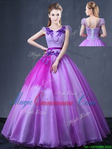 Pretty Ball Gowns Vestidos de Quinceanera Lavender V-neck Organza Short Sleeves Floor Length Lace Up