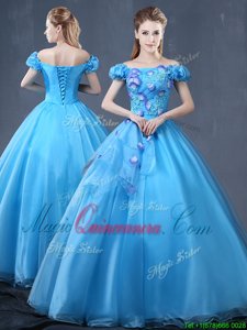 Off the Shoulder Baby Blue Organza Lace Up Sweet 16 Dress Short Sleeves Floor Length Appliques