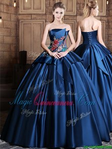 Most Popular Navy Blue Satin Lace Up Strapless Sleeveless Floor Length Ball Gown Prom Dress Appliques