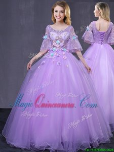 Customized Scoop Half Sleeves Tulle Floor Length Lace Up Quinceanera Dresses in Lavender for with Lace and Appliques