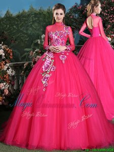 Coral Red Ball Gowns Tulle High-neck Long Sleeves Appliques With Train Lace Up Sweet 16 Dress Brush Train