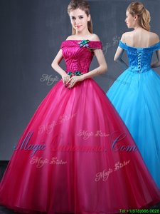 High Class Off the Shoulder Fuchsia Sleeveless Tulle Lace Up 15 Quinceanera Dress for Military Ball and Sweet 16 and Quinceanera