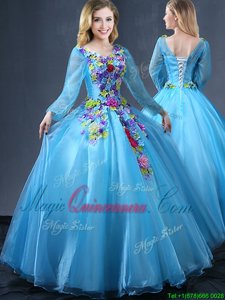 Eye-catching Long Sleeves Lace Up Floor Length Appliques 15th Birthday Dress