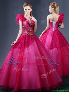 One Shoulder Fuchsia Sleeveless Floor Length Lace and Appliques and Ruffles Lace Up Quinceanera Dress