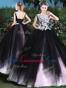 Customized Pink And Black Ball Gowns Tulle Scoop Sleeveless Appliques and Ruffles Floor Length Lace Up Quinceanera Gowns