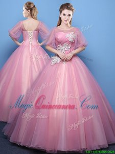 Pink Scoop Lace Up Appliques Sweet 16 Dress Half Sleeves
