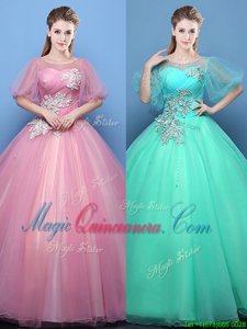 Scoop Pink and Turquoise Lace Up 15th Birthday Dress Appliques Half Sleeves Floor Length