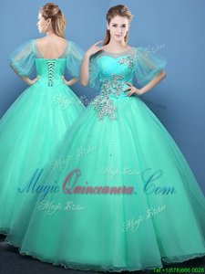 Sweet Scoop Appliques Sweet 16 Quinceanera Dress Turquoise Lace Up Half Sleeves Floor Length