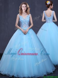 Tulle Sleeveless Floor Length Ball Gown Prom Dress and Lace and Appliques