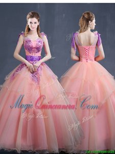High Quality Watermelon Red Sleeveless Organza Lace Up Quince Ball Gowns for Military Ball and Sweet 16 and Quinceanera