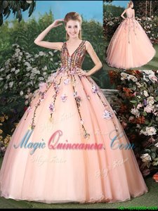 Peach Sleeveless With Train Appliques Lace Up Quinceanera Gown