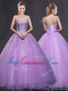 Comfortable Floor Length Lace Up Quince Ball Gowns Lavender and In for Military Ball and Sweet 16 and Quinceanera with Appliques