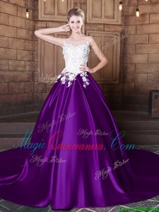 Fine Purple Quinceanera Dress Military Ball and Sweet 16 and Quinceanera and For with Lace and Appliques Scoop Sleeveless Court Train Lace Up