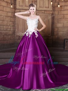 Scoop Sleeveless Elastic Woven Satin Quinceanera Gowns Lace and Appliques Court Train Lace Up