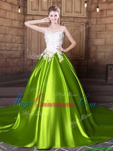 Scoop Sleeveless With Train Lace and Appliques Lace Up Quince Ball Gowns with Yellow Green Court Train