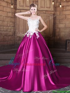 Charming Court Train Ball Gowns 15th Birthday Dress Fuchsia Scoop Elastic Woven Satin Sleeveless With Train Lace Up