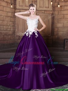 High End Scoop Dark Purple Ball Gowns Lace and Appliques Quinceanera Dresses Lace Up Elastic Woven Satin Sleeveless With Train