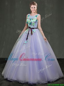 Scoop Sleeveless Organza Floor Length Lace Up 15th Birthday Dress in Lavender for with Appliques