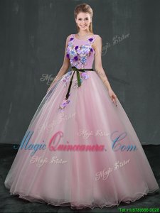 Super Pink Organza Lace Up Scoop Sleeveless Floor Length 15 Quinceanera Dress Appliques