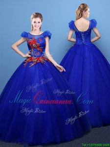 Fitting Scoop Short Sleeves Tulle Floor Length Lace Up Quinceanera Dress in Royal Blue for with Appliques