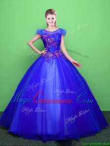 Blue Quince Ball Gowns Military Ball and Sweet 16 and Quinceanera and For with Appliques Scoop Short Sleeves Lace Up