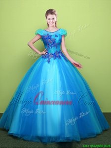Scoop Short Sleeves Lace Up Floor Length Appliques Quince Ball Gowns