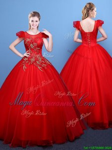 Designer Scoop Short Sleeves Tulle Sweet 16 Dress Appliques Lace Up